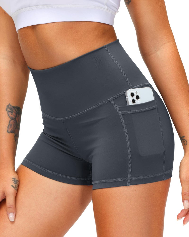 Soothfeel Women's High Waist Yoga Shorts with Side Pockets Tummy Control Running Gym Workout Biker Shorts for Women 8" /3"(3" Dark Grey, S) - Image 2